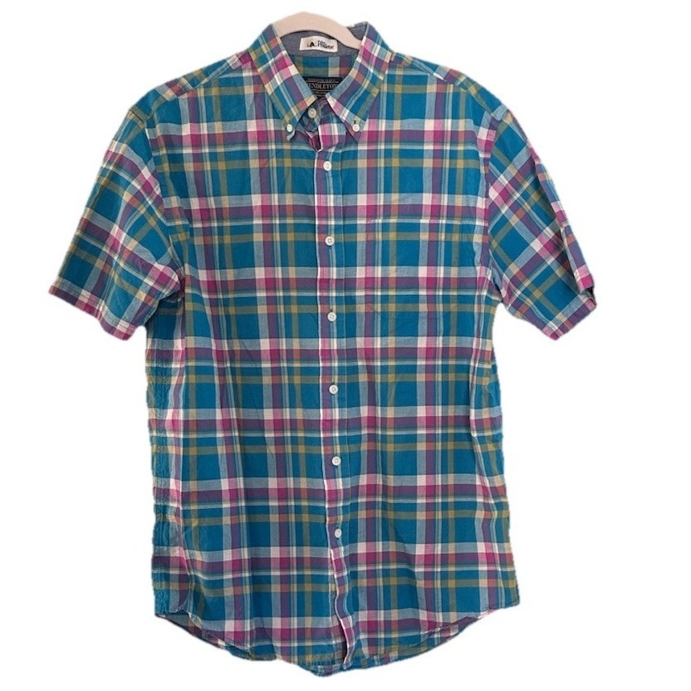 Pendleton Surf Button-Up Seaside Shirt Men Large Blue‎ Madras Plaid Short Sleeve